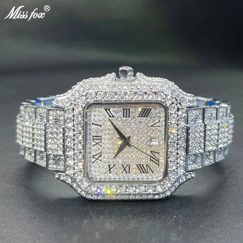 MISSFOX Full Diamond Men's Watches Iced Out Hip Hop Cool Male Female Quartz Watch With Calendar Luminous Hand Clock Dropshiping