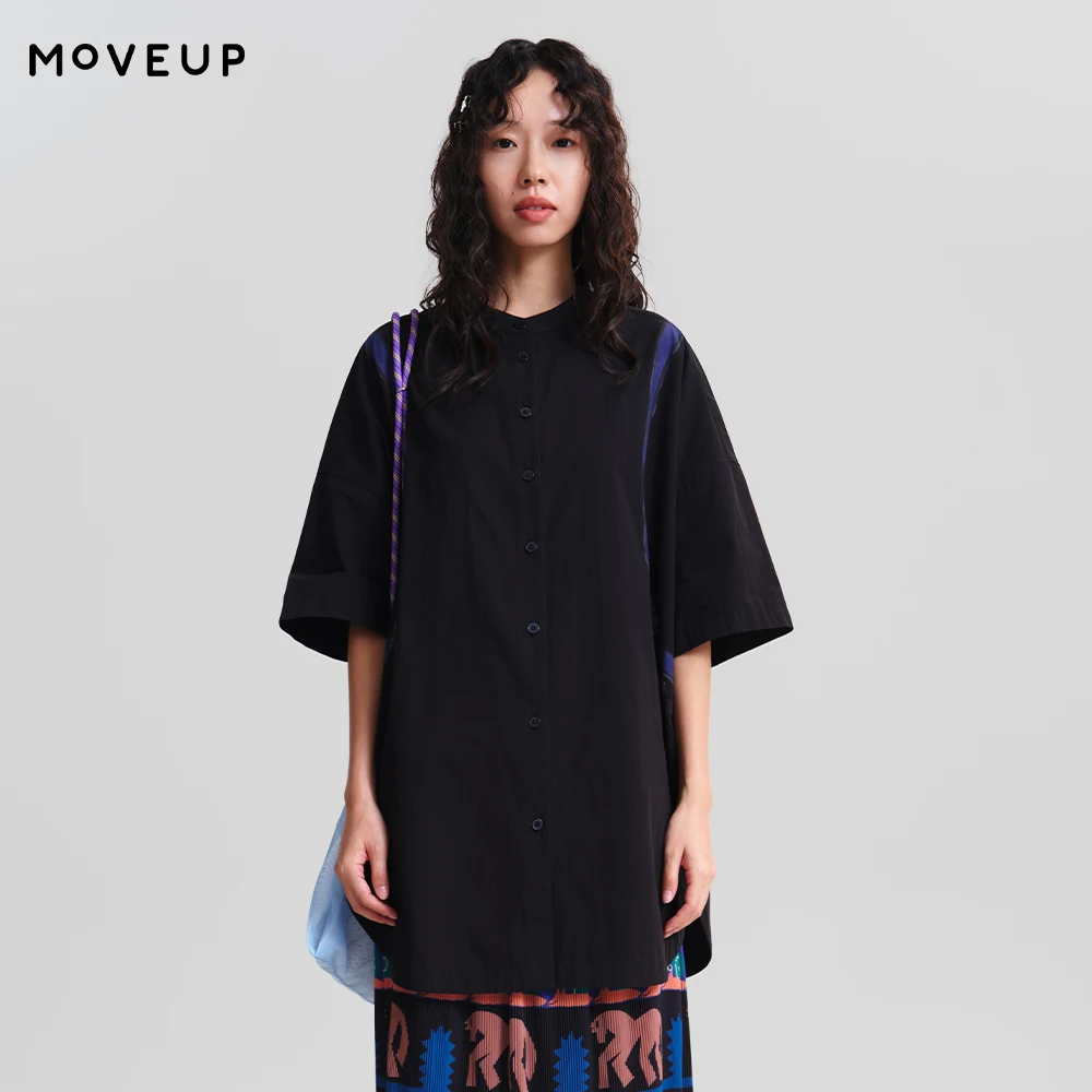 

MOVEUP Women's Mid-Length Casual Shirt 2026 Spring New 100% Cotton Stand Collar Back Fun Print Side Slit Hem Blouse 3ELC20441