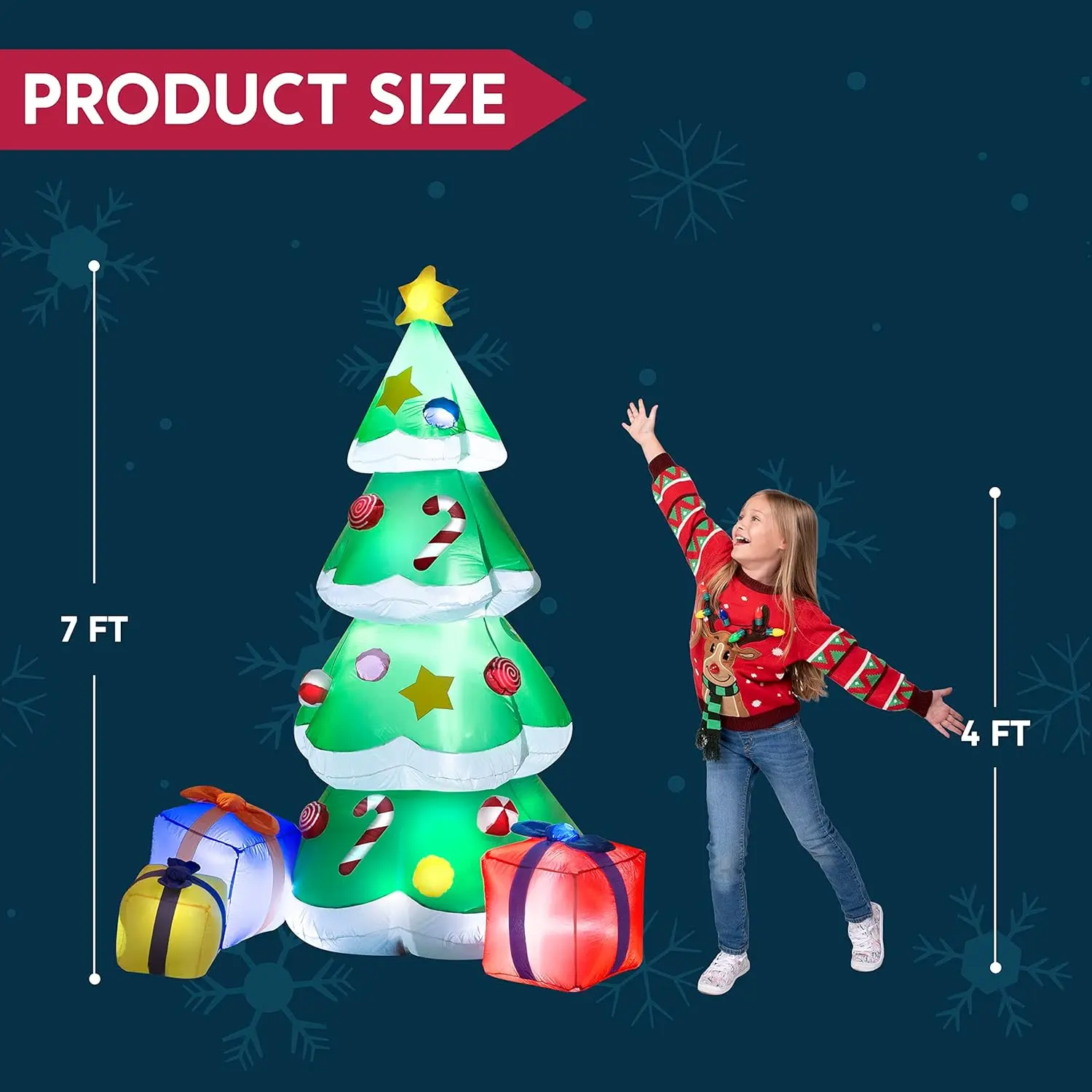 JOYFY 7 أقدام شجرة عيد الميلاد المطاطية الديكور في الهواء الطلق العملاق مع 3 علب الهدايا المدمج في المصابيح لتفجير عيد الميلاد الديكور