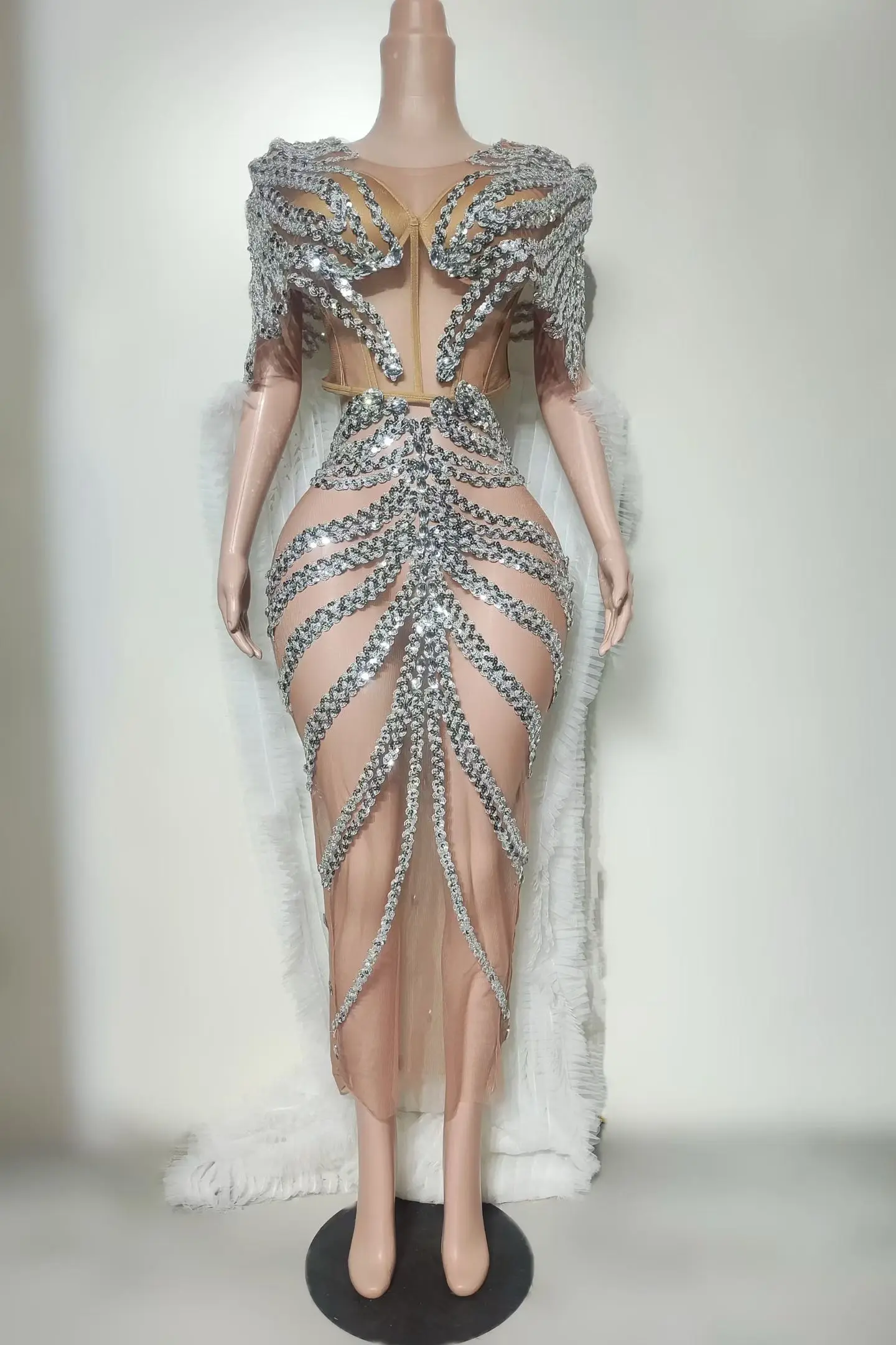 Nude Sheer Mesh Crop Tops Long Skirt 2Pieces Set Silver Sparkly Rhinestone White Feather Trailing Backless Bodycon Party Gown view 3