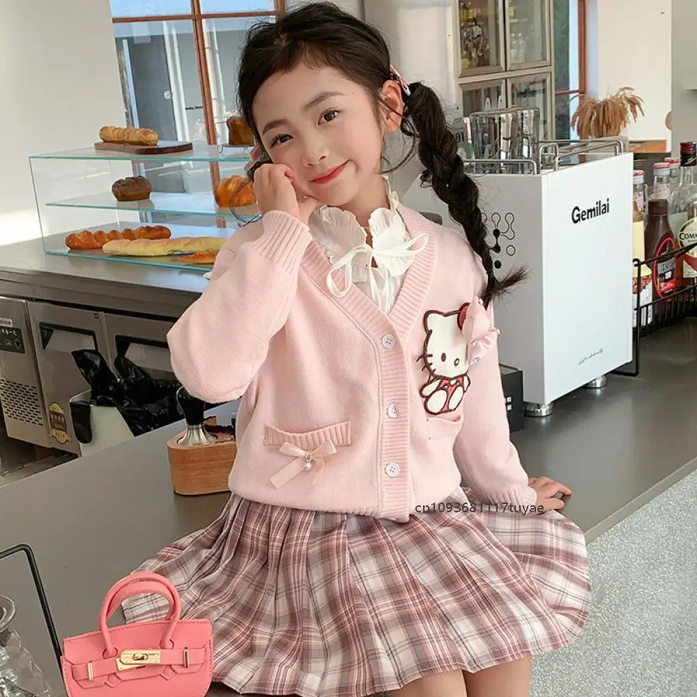 3 pçs meninas jk saia xadrez conjunto anime sanrios olá kitty kuromi y2k cardigan saia plissada crianças primavera outono estilo universitário conjunto