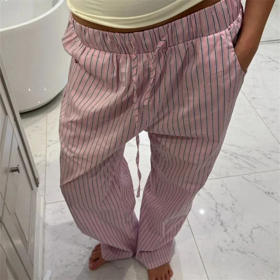 Women\'s Striped Casual Lounge Pants Elastic Band Drawstring Loose Fit Long Trousers for Sleepwear Female Bottoms