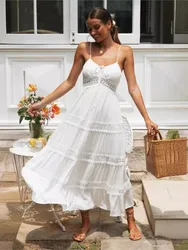 Robe de plage blanche à bretelles spaghetti pour femmes, robe de soirée, élégante, décontractée, éducative, bohème, mode, nouveau, été, 2024