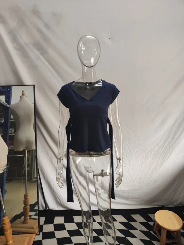 2026 Sommer Neues Damen Kurzarm-T-Shirt mit V-Ausschnitt, Slim Fit Crop Top mit Rückenbanddetail, Y2K Lässige Streetwear Vintage Mode-Oberteil – Detail 10