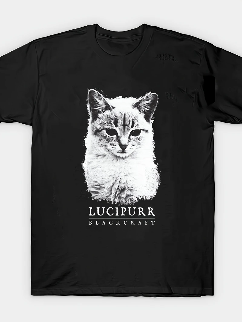 Men's Retro Garbage Rock Style Cross Mark Cat Portrait with Classic Lineup Font T-shirt Gothic Punk Street Style Black Top