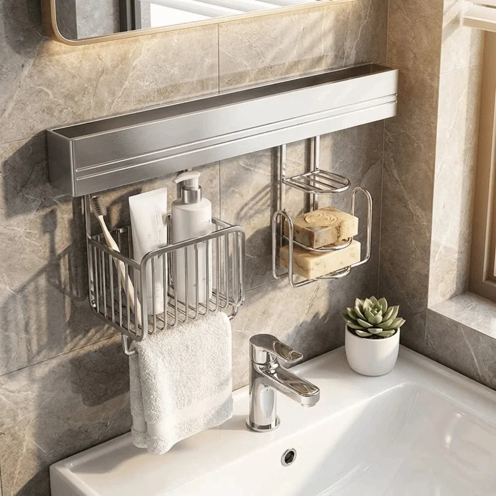 Stainless Steel Punch-free Wall Storage Rack Wall Mounted Sturdy Structure Stainless Steel Storage Rack Easy Clean Surface