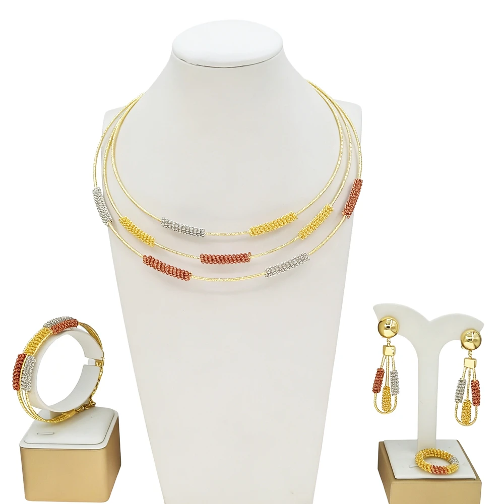 Triple Tone Gold Plated 4PCS Jewelry Set Multi-Layer Necklace with Tricolor Beaded Accents