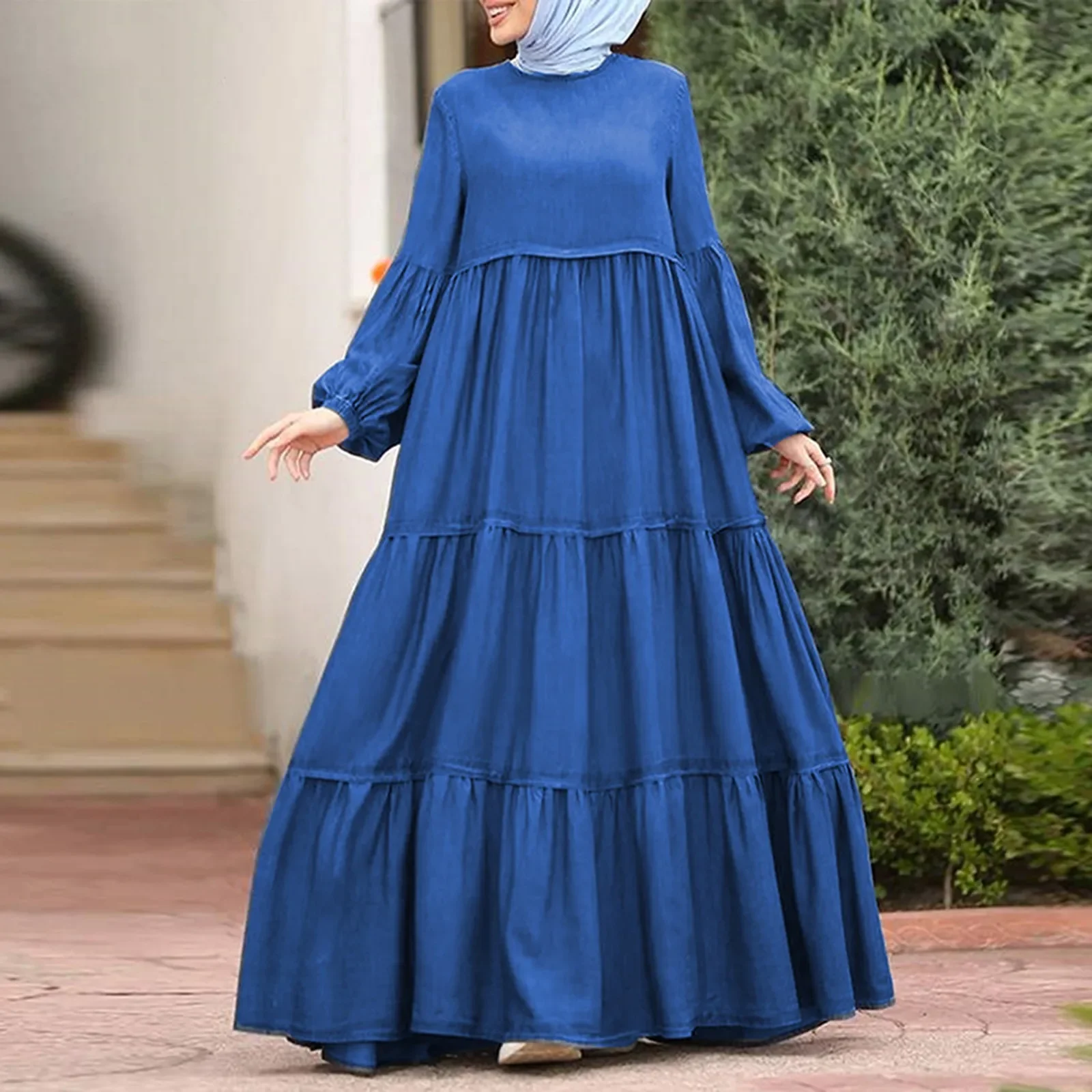 Women's Spring Sundress Fashoin Muslim Ruffle Dress 2024 Casual Patchwork Puff Sleeve Maxi Vestidos Female Button Robe