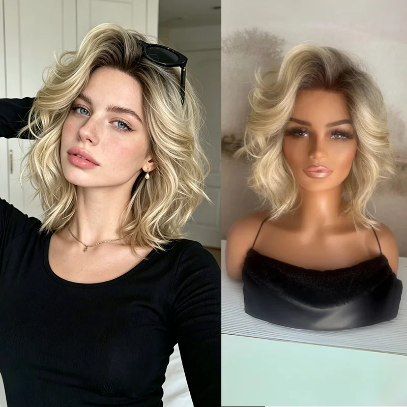 Warme blonde Bob-Perücke mit platinfarbenen Highlights, Lace-Front-Perücke, hitzebeständiges Kunsthaar, natürlich aussehende Perücke, ideal für den Sommer