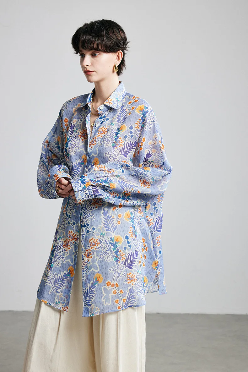 BirdTree-100%Ramie Elegant Shirt, Long Sleeve Lapel Floral Print, Women Fashion Vacation Loose Thin Blouse, 2026 Summer T65394CC