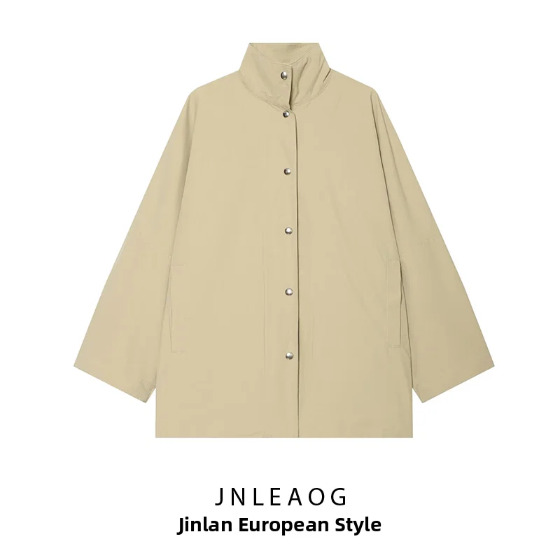 JNLEAOG Fashionable Loose Stand Collar Button Jacket Women's Summer New Style Polyester Long Sleeve Standard Fit Short Coat