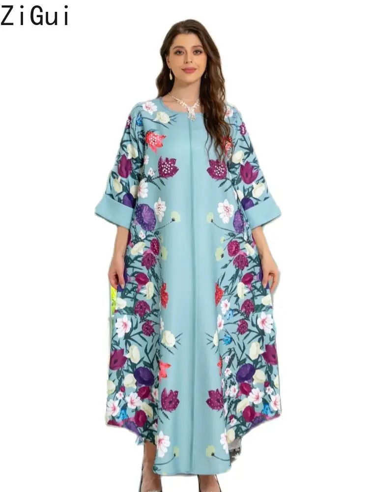 Zigui Dress Women Elegant Luxury Light Blue Long Sleeve O Neck Floral Pearl Muslim Arab Abaya Kaftan Dubai Party Dresses