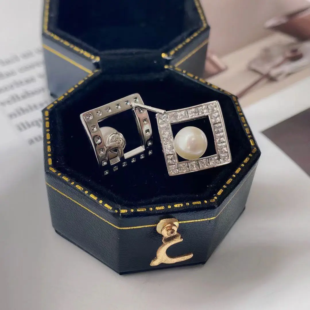 Square Shape S925 Sterling Silver Earrings Mount Findings Settings Base Mounting Parts Accessory for 6-7mm Pearls 5 pairs/lot