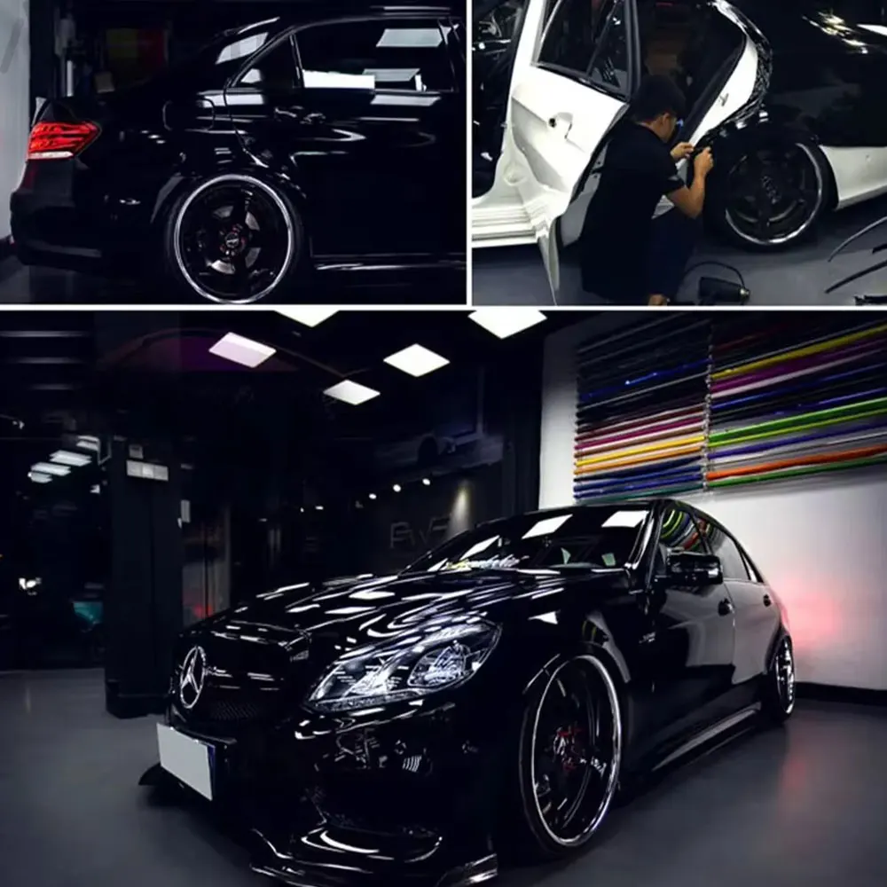 1.52MX3M/2M PET 高光沢ブラックラップビニールアンチスクラッチステッカー車のボンネット保護フィルムエアリリース初期低粘着接着剤