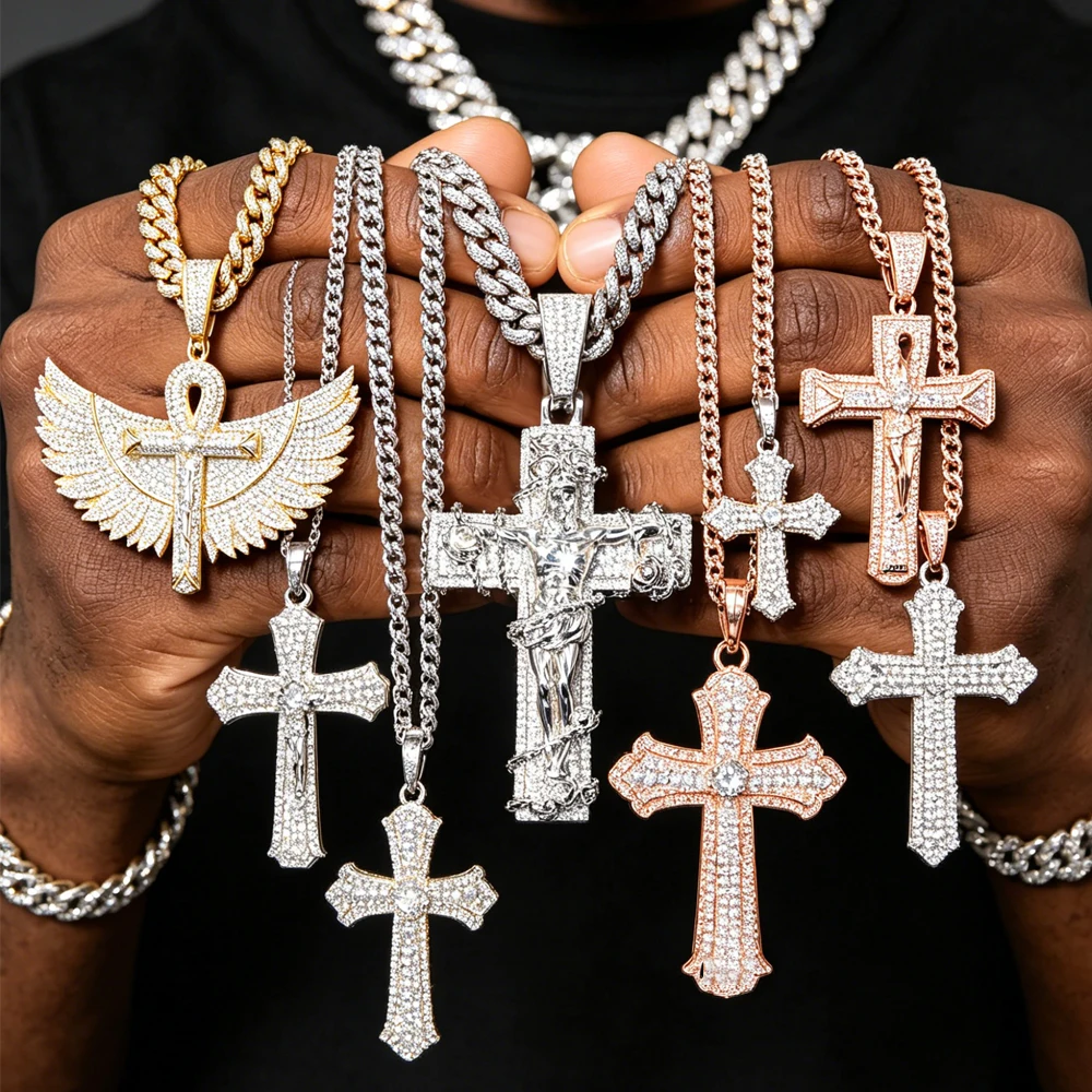 Sparkling Hip Hop Jewelry Bling Iced Out Necklace Cross Pendant Shine Baguette CZ Stone Jesus Pendant Party Rapper Chrismas Gift
