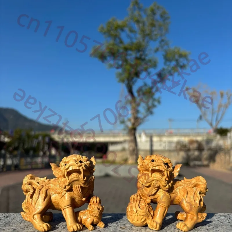 

Hand-Carved Boxwood Foo Dog Lion Pair - 3.5" Feng Shui Guardian Statue for Home Decor, Store Opening Gift, Desktop Ornament,