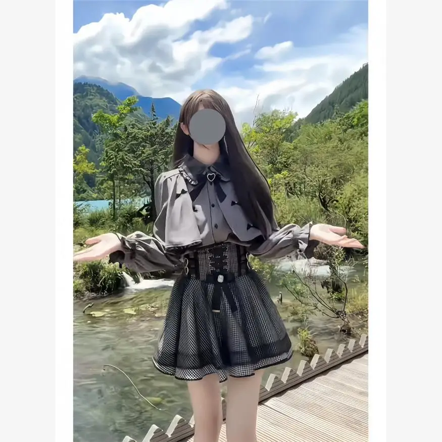 Ryousangata Two Piece Skirt Set Women‘s Cape Collar Puff Sleeve Blouse Plaid High Waist Mini Skirt Jirai Kei Daily OOTD Outfit