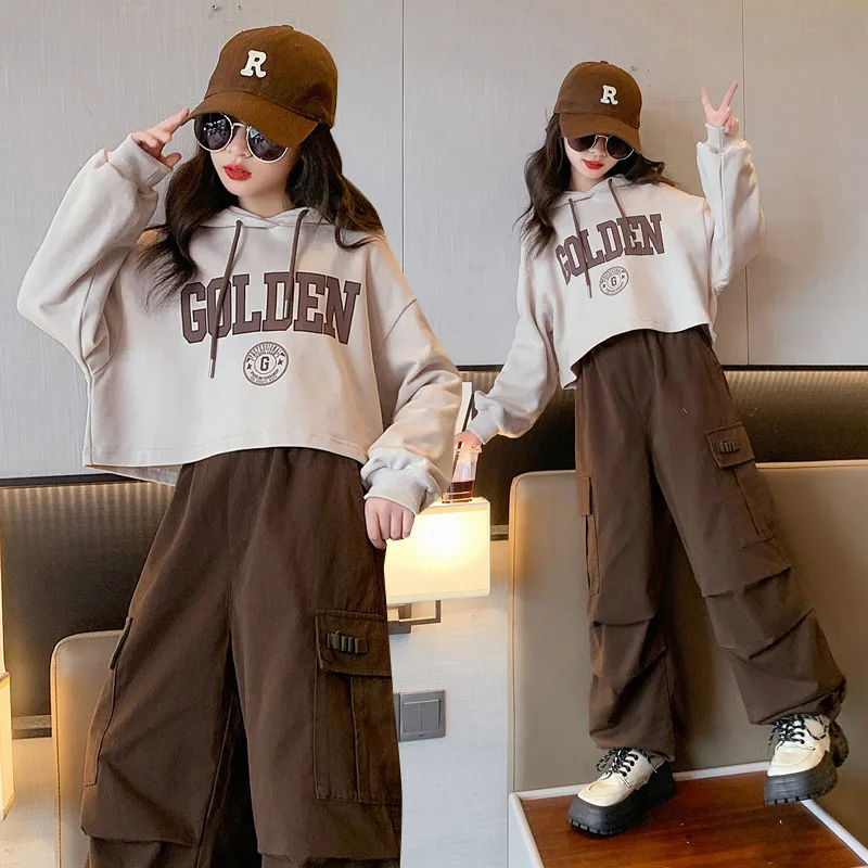 

Spring Teenage Girl Clothes Set Children's Girls Hoodies Letter Pullover Top + Cargo Pants 2 Pcs Outfit Kids Tracksuit 5-14 Yrs