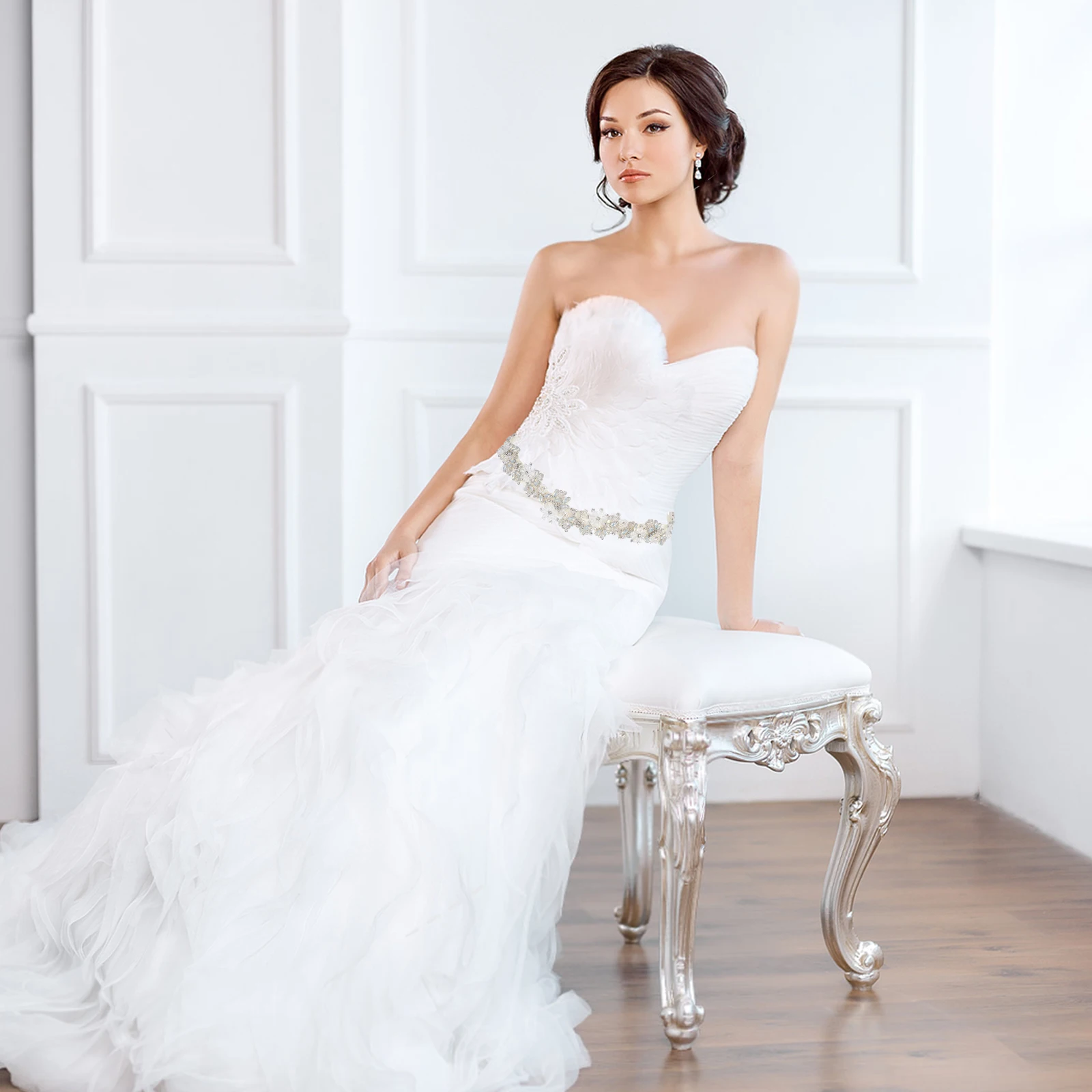 

Sparkling Waist Adjustable Crystal Dress Women Elegant Pearls Flower Comfortable Stretch Wedding Bridal Rhinestone Dress Wedding