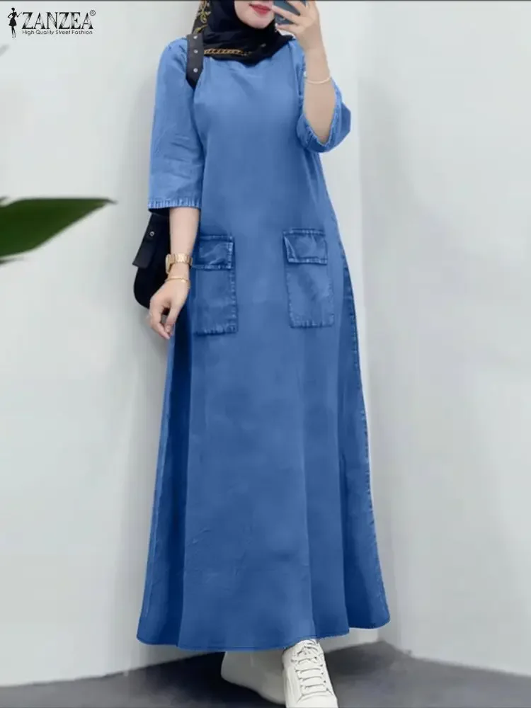 

ZANZEA 2025 Осеннее искусственное джинсовое синее платье Женское повседневное платье с круглым вырезом и длинным рукавом Модные мусульманские платья Абая Макси Длинные платья