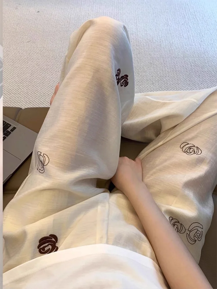 

Летние тонкие широкие брюки ROUJE KEFSS для женщин: свободные, повседневные, универсальные, прямые, с вышивкой розами