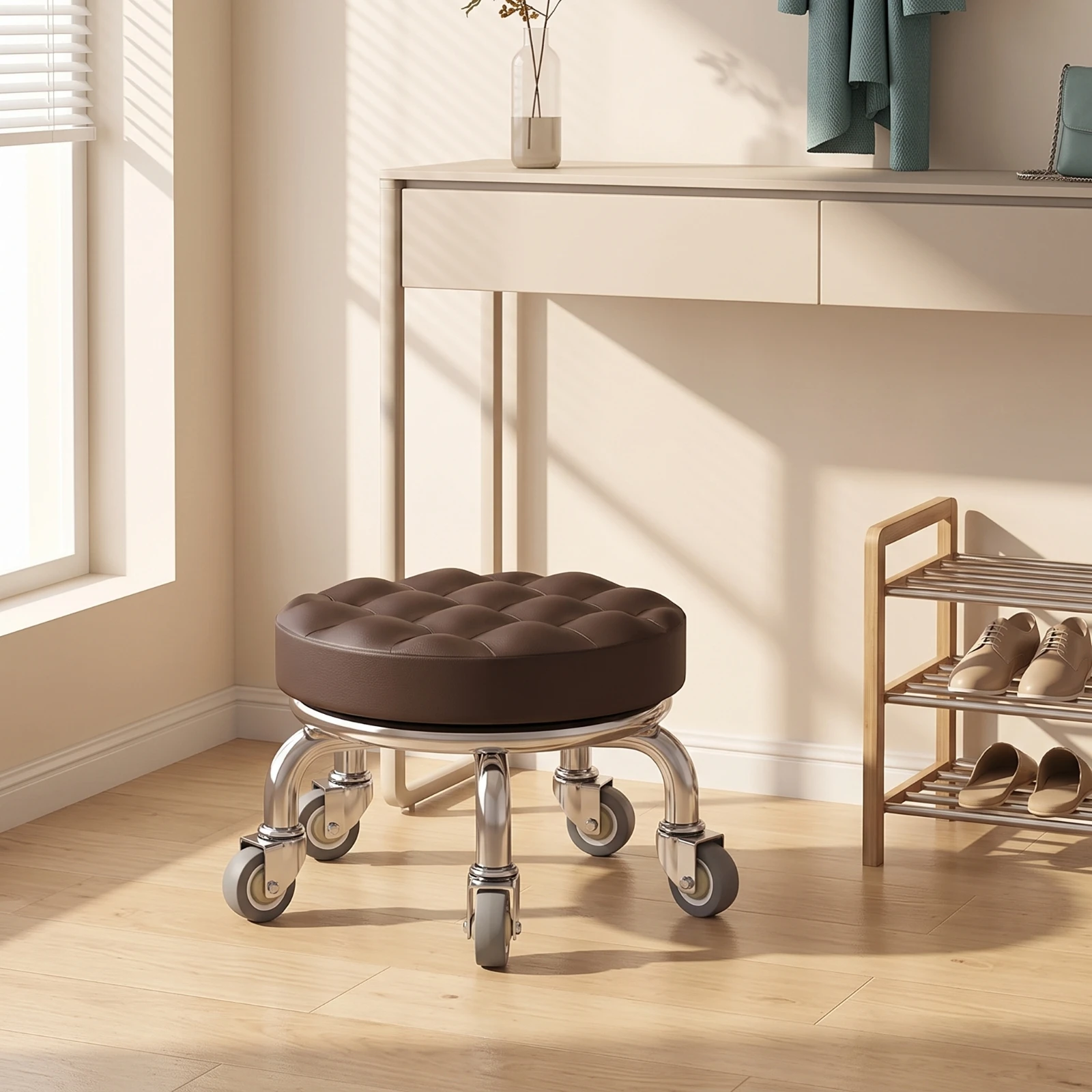 Low Rolling Stool Padded Low Stool with Wheels Thickened Compact for Pedicurists, Pedicure, Beauty Salon view 4