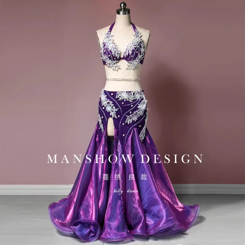 

Индивидуальный костюм для танца живота для женщин, новый наряд для выступлений, блестящая фиолетовая юбка с ягодицами, рыбий хвост, экзотическая танцевальная одежда