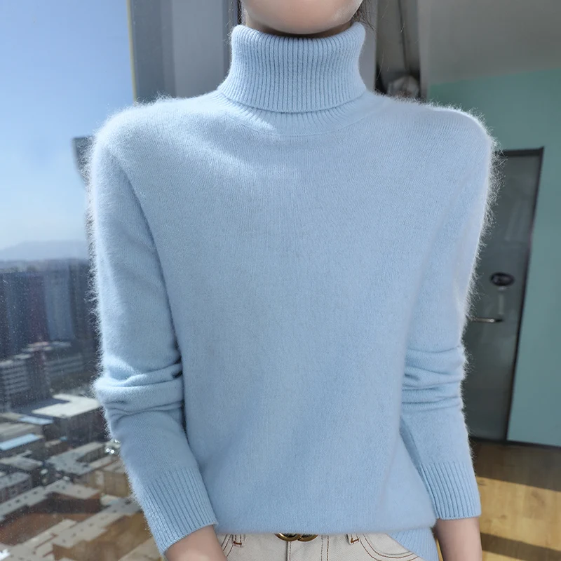 

High collar mink fur knitted cashmere sweater women, autumn winter new fashion pullover, long sleeved, solid color high-end tops