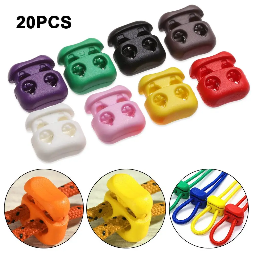 قفل حبل سدادة بلاستيكي ملون ، مشبك تبديل فول مزدوج الفتحة ، إبزيم رباط الحذاء ، إكسسوارات الملابس الرياضية ، 16 × 16 ، 4 ، 20
