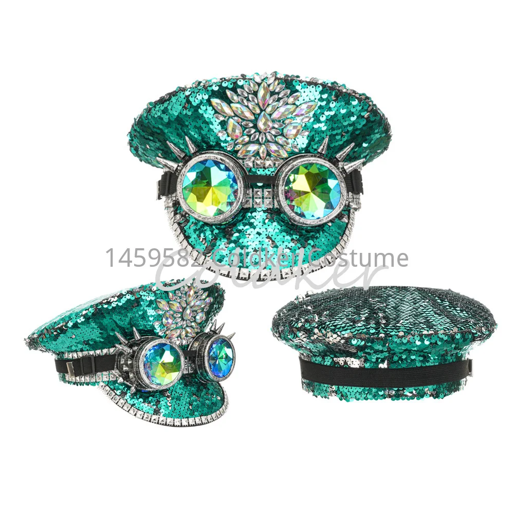 Sombrero Steampunk con lentejuelas verdes Unisex con diamantes de imitación, accesorios góticos, fiesta Rave Rock, Festival, utilería de Cosplay de Halloween