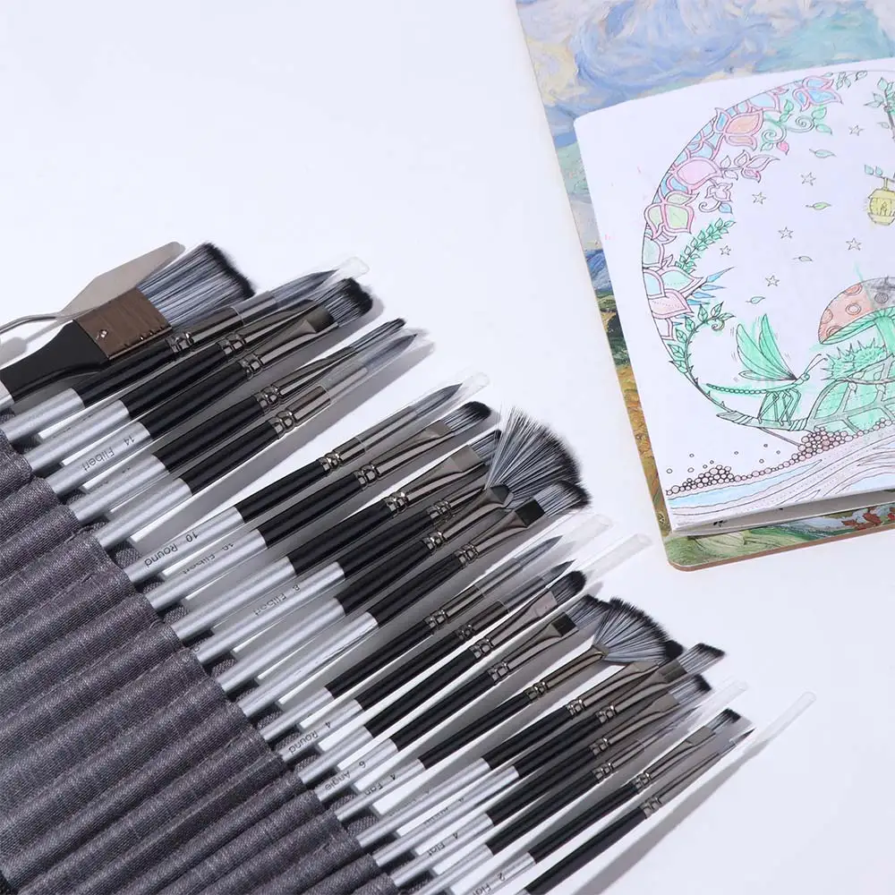 24pcs/set Wooden Handle Nylon Brush Set DIY Art Nylon Hair Paint Brush Set Aluminum Tube with Scraper Oil Painting Brushes