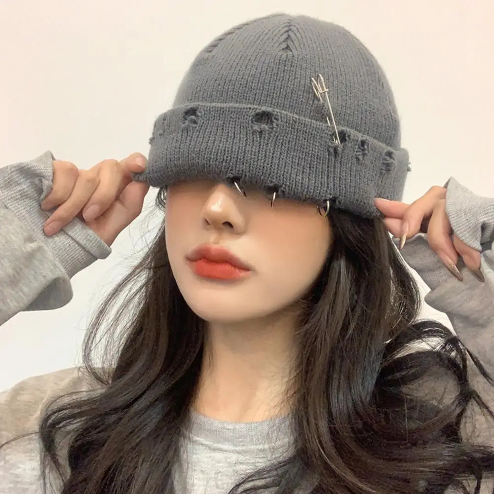 Pin Knitted Hat Hip Hop Ripped Warm Woolen Yarn Autumn Winter Women BeanieCap Flanging Metal Ring Knitting Skull Cap