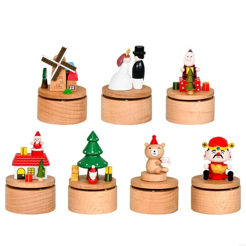 

Q0KA Mini Rotating Musical Gift Boxes Wooden Christmas Tree God Of Wealth Theme Craft Decoration
