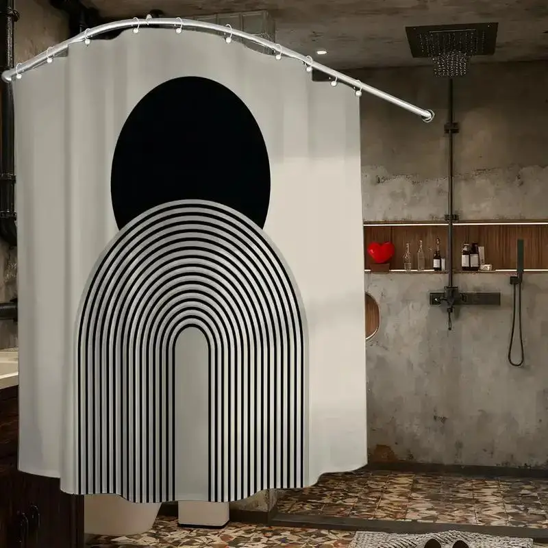 

Минималистичная абстрактная занавеска для душа – черный овальный и полосатый арочный дизайн, 12 крючков, 70,87×70,87 дюймов, водонепроницаемый декор для ванной комнаты