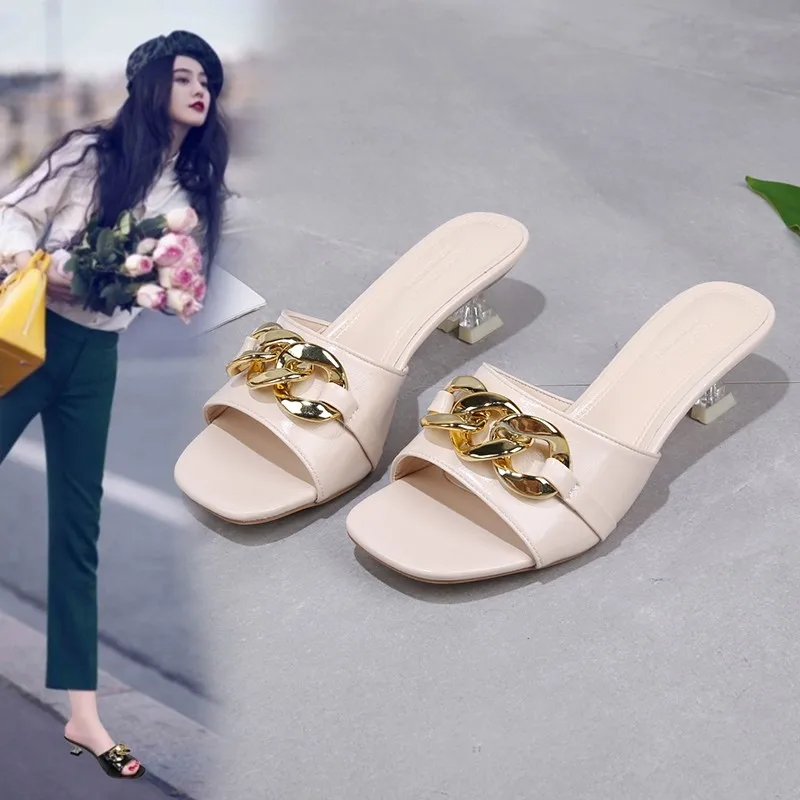 Women Slippers Women\'s Mules Slides Shoes Female Clear Heels Sandals with Chain Thin Heels Open Toe Outdoor Party Footwear