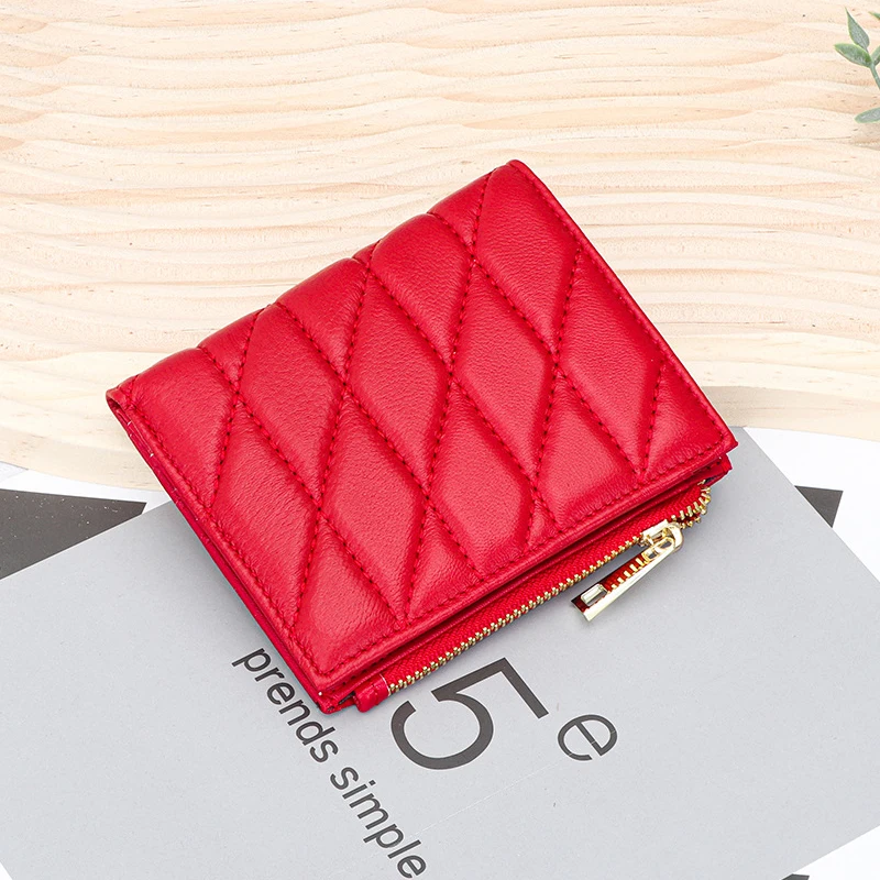 

Women Genuine Leather Wallet High Quality Sheepskin Small Bifold Zipper Pocket Wallet Card Case Purse with Zipper Short Wallet