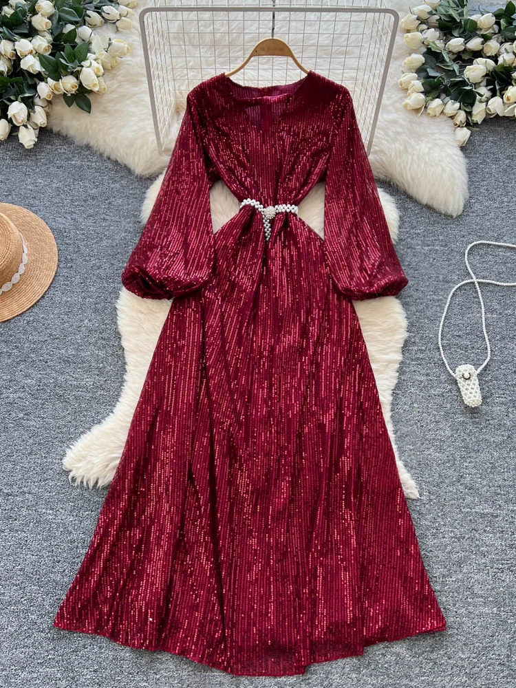 فستان أنيق بتصميم مجوف وأكمام فانوس مع حزام ربط عند الخصر، فستان نسائي طويل الأكمام بخصر مرتفع وتصميم A-line للصيف