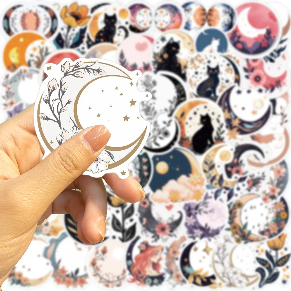 Vintage Aesthetic Flower Cat and Moon Stickers, Scrapbooking Material, Fit for Ipad, Laptop, Phone, Craft Supplies, 50Pcs