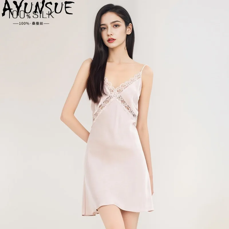 

AYUNSUE 100% Silk Night Dress Woman High Quality Sleeveless Dresses for Women Sexy Backless Nightgown Pajamas for Women Пижама