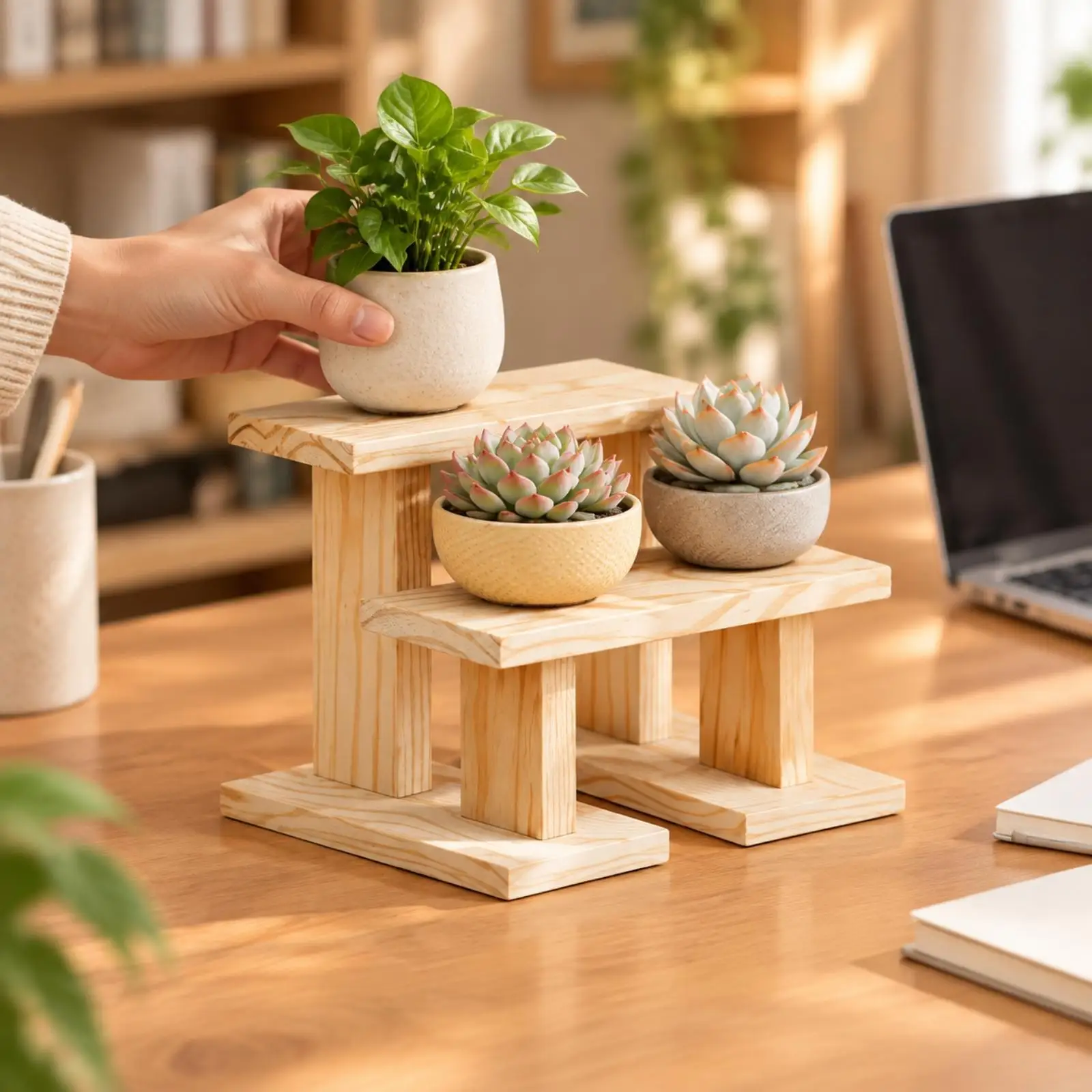 Two Tier Wooden Plant Shelf for Windowsill Balcony Display Stand for Small Potted Flowers and Decor