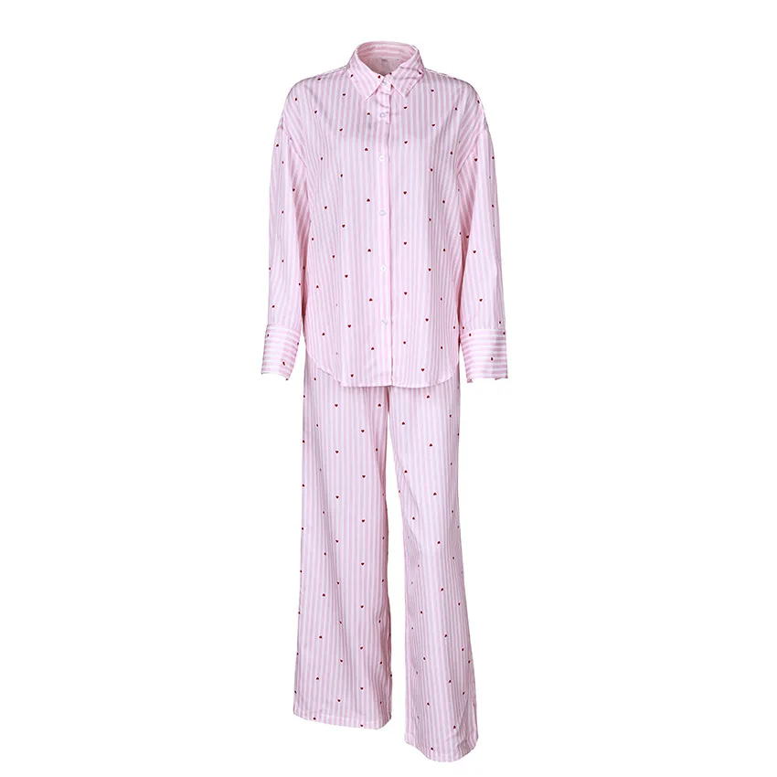 Casual Chic Weibliche Pyjamas Hause Tragen Mode Langarm Shirts Breite Bein Hosen Anzüge Streifen Gedruckt Lange Hosen Sets für Frauen