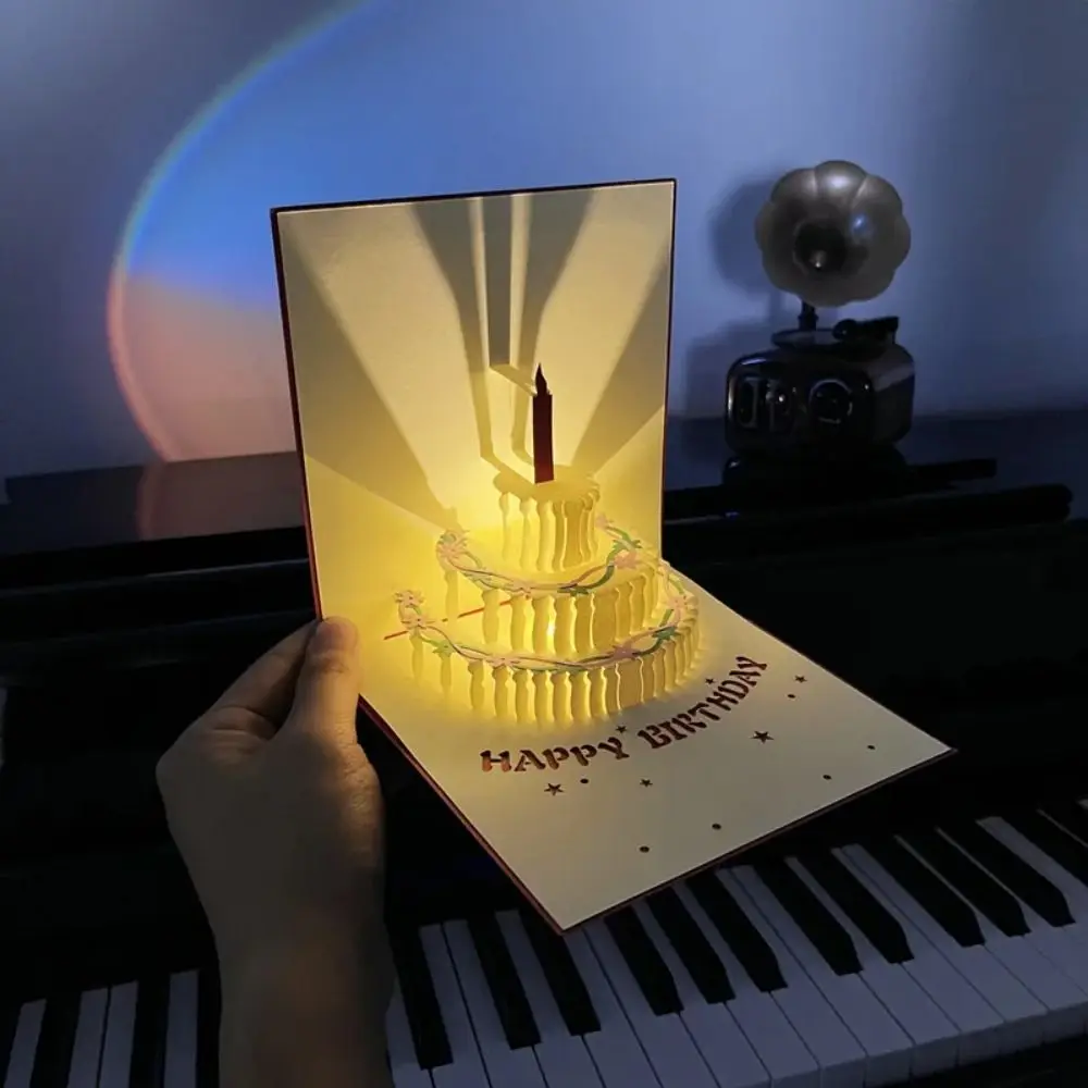 Pop Up 3D Music Light Birthday Cards Creative Smart Sensor Happy Birthday Greeting Card Hollow Automatic Opening