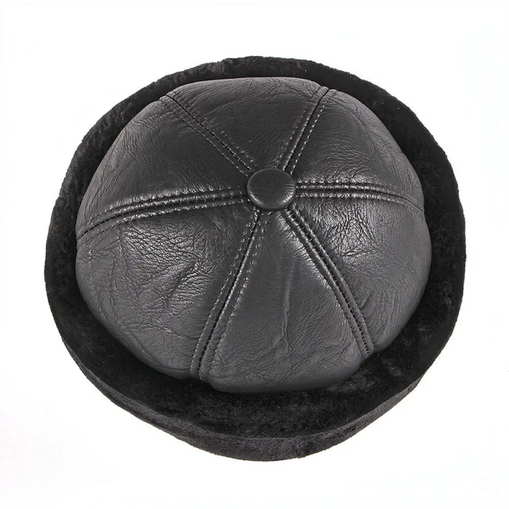 Mens Winter Faux Leather Skull Cap Warm Thickened Brimless Hat Windproof Outdoor Docker Beanie Retro Style Headwear