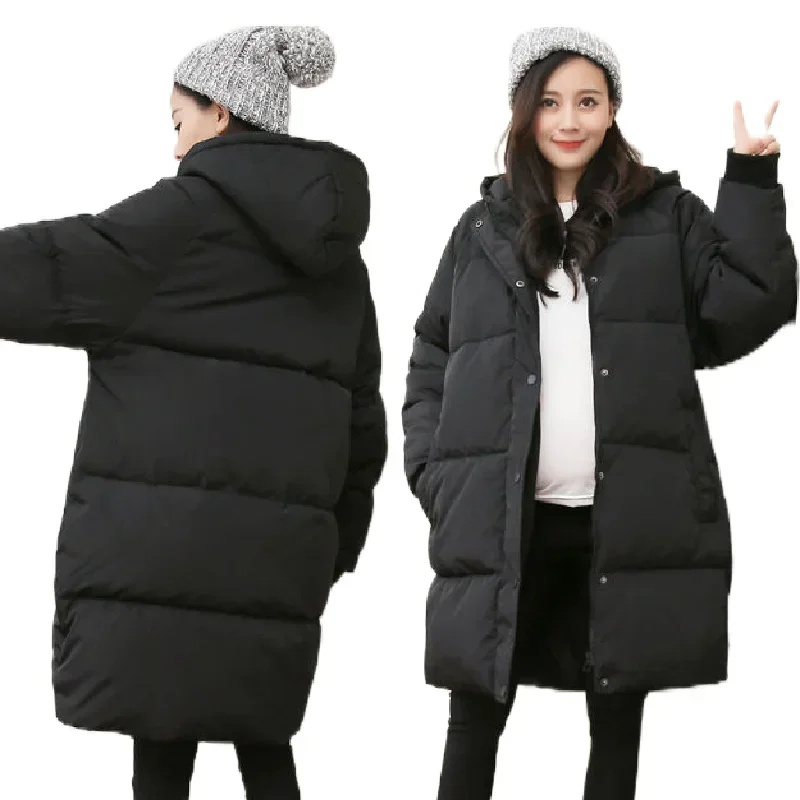 Women Maternity Winter Puffer Jacket Long Outerwear Coat Splashproof Windproof Hooded Down Jacket Pregnant Long Winter Coat