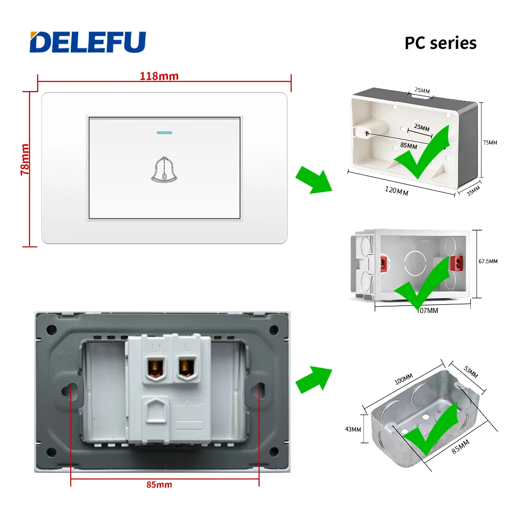 DELEFU PC Brazil Standard Switch Socket 118*72mm10A 20A Doorbell switch Doorbell Ding Dong Grey Black White Gold