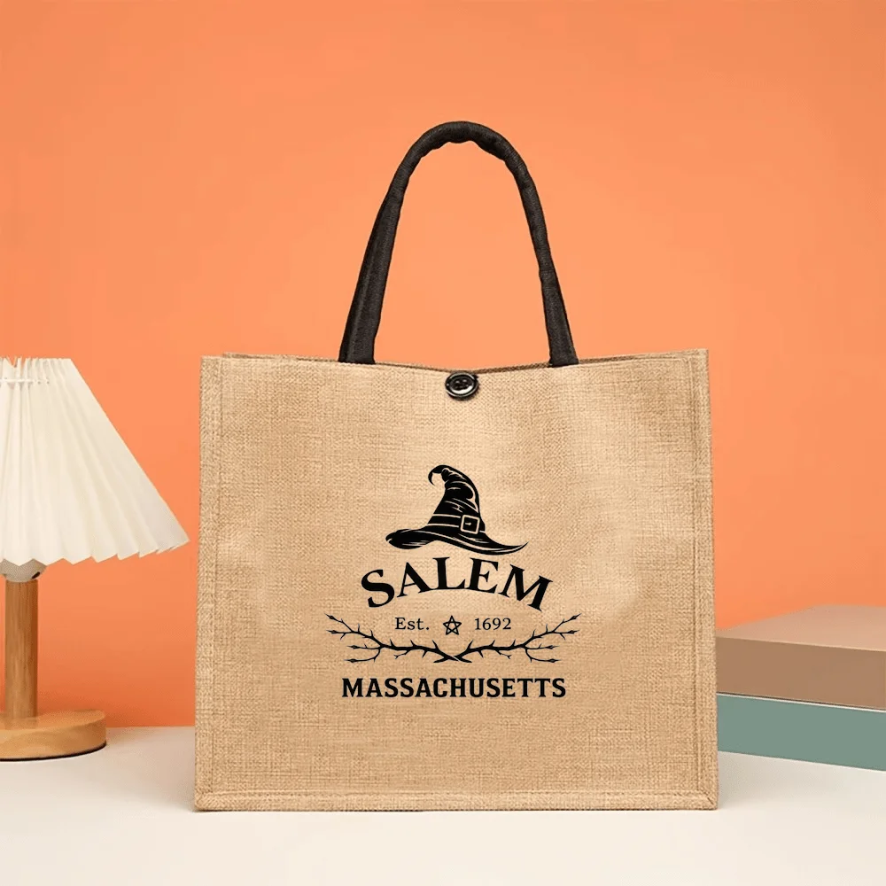 Vintage Witch Hat Design Tote Bag with 'salem Massachusetts' Text Print Women's Handbag for Commuting and Shopping for Halloween