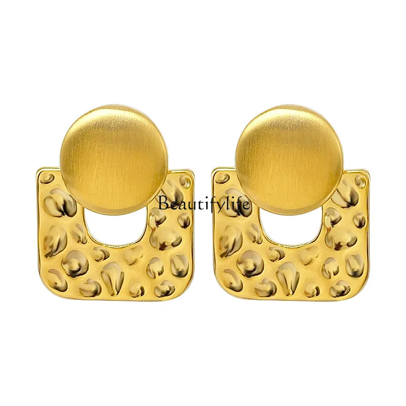 European and American exaggerated metal forged square earrings temperament simple brushed matte earrings