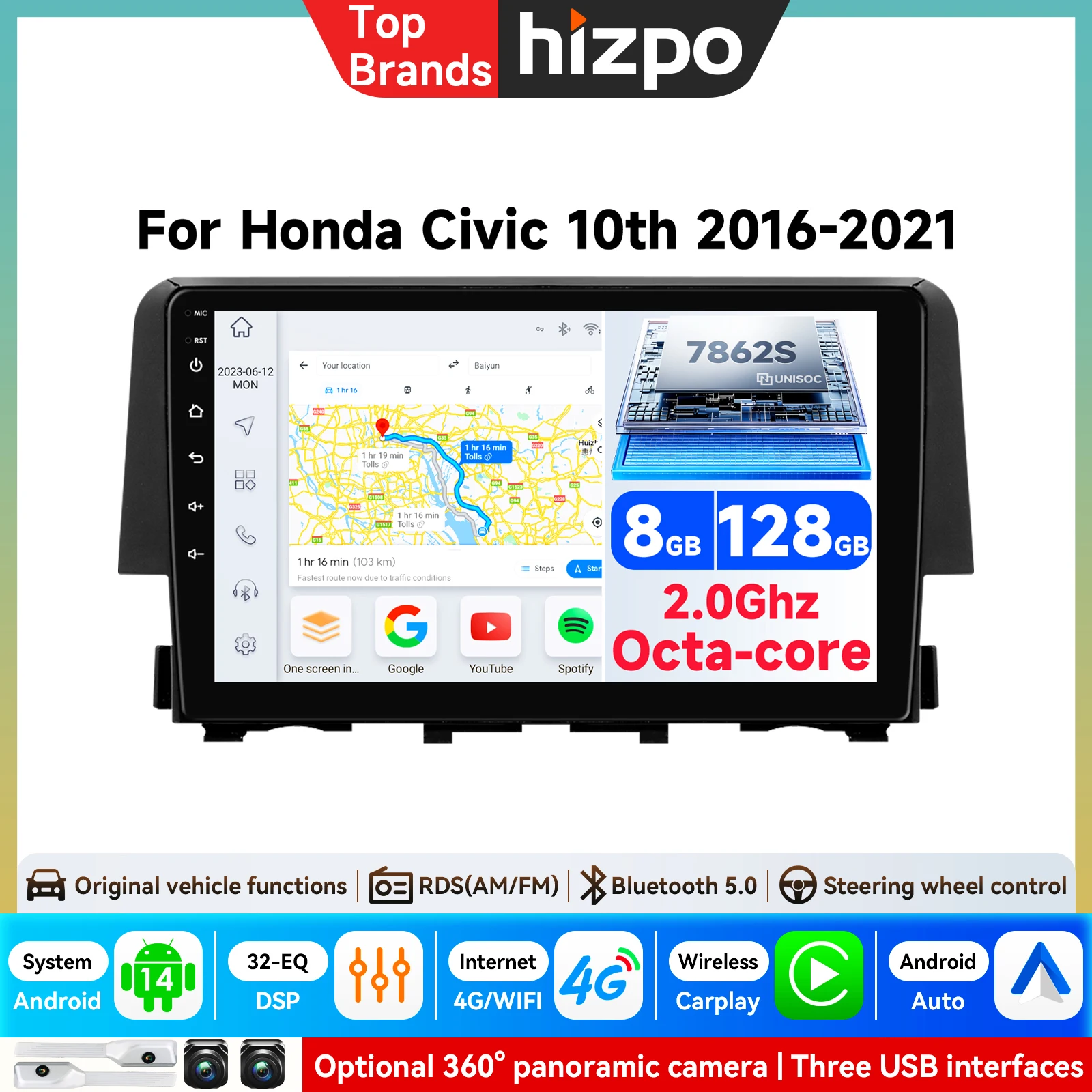Radio Estéreo para Auto con Android 15 y Carplay de 9 Pulgadas para Honda Civic 2016-2018, Reproductor Multimedia, Navegación GPS, 2 Din, 4G, Sistemas de Audio con IA, Bluetooth