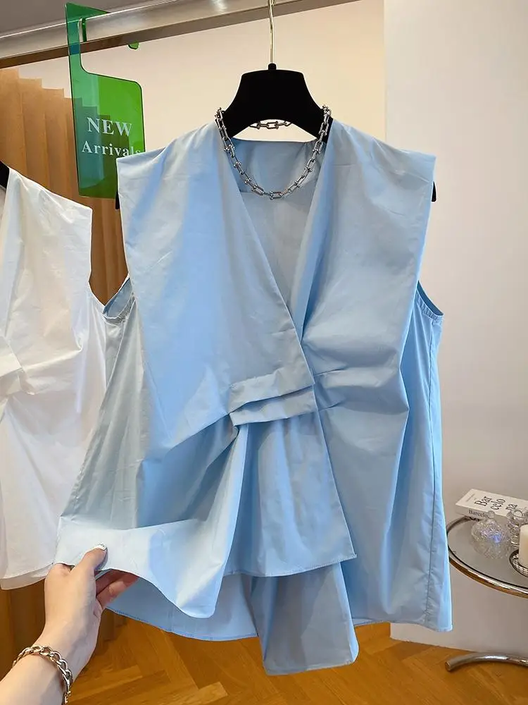 

Синяя женская блузка с V-образным вырезом, премиум-класса, с изысканным дизайном, без бренда, для повседневной носки, стильная.