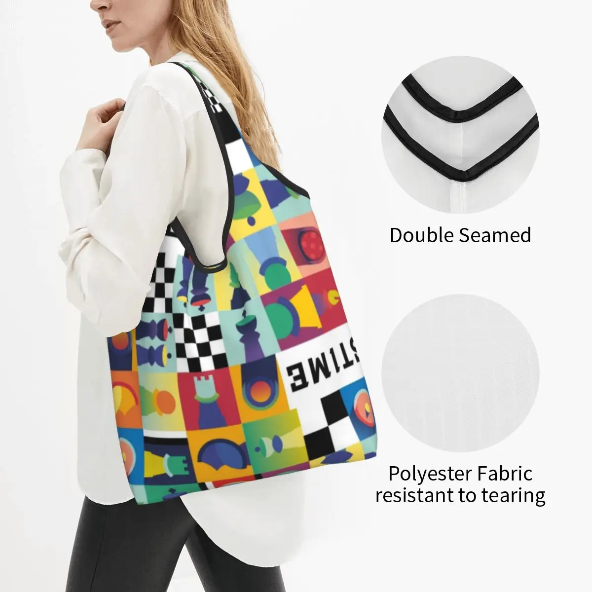 Kawaii Chess Time Shopping Tote Bags Portable Checkmate Chess Board Grocery Shoulder Shopper Bag